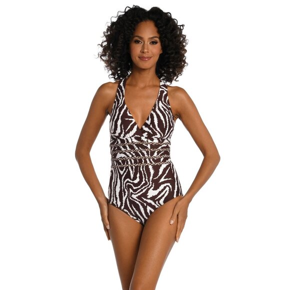🆕LA BLANCA Cross Back One Piece Tummy Control Swimsuit Animal Print 10 - Picture 3 of 7